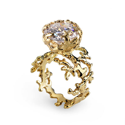 Coral Cubic Zirconia CZ Gold Ring
