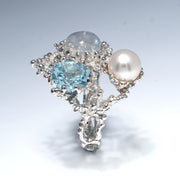 Coral Dream Blue Topaz, Moonstone, White Pearl Ring