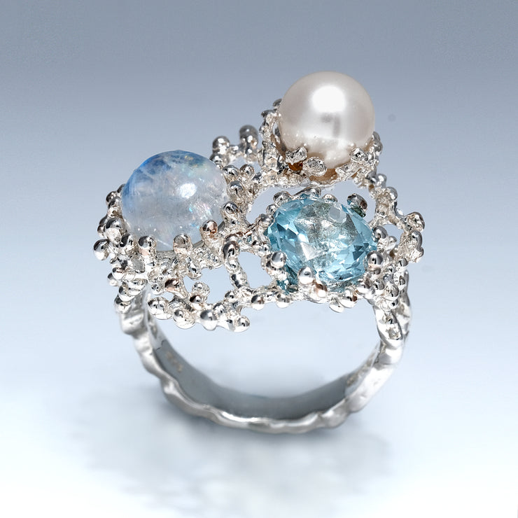 Coral Dream Blue Topaz, Moonstone, White Pearl Ring