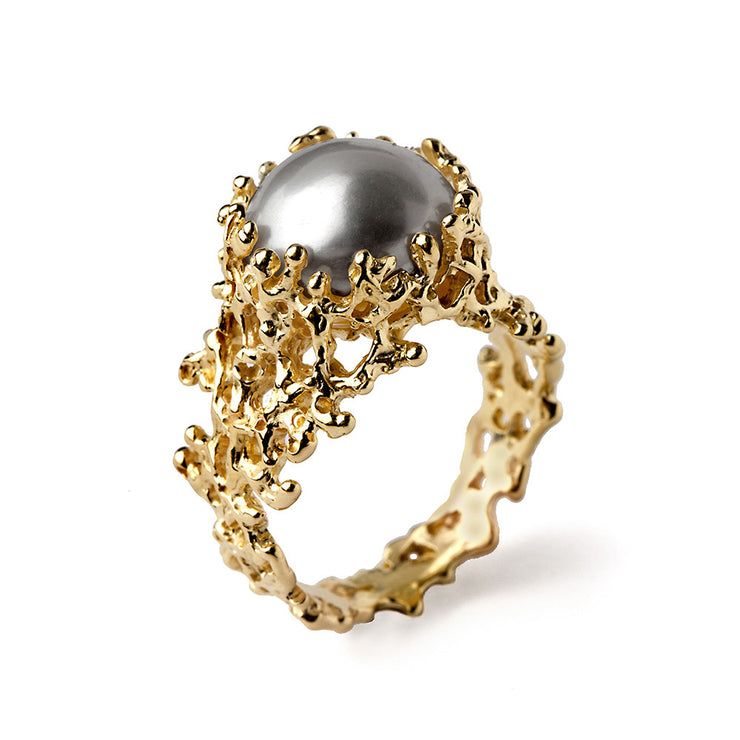 Coral Gray Pearl Gold Ring