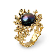 Coral Flower Black Pearl Gold Ring