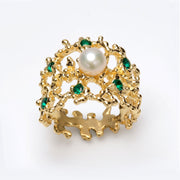 Coral Emerald Pearl Gold Ring