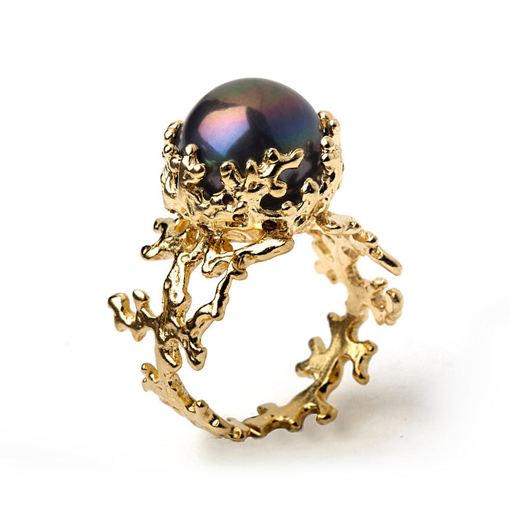 Coral Black Pearl Gold Ring