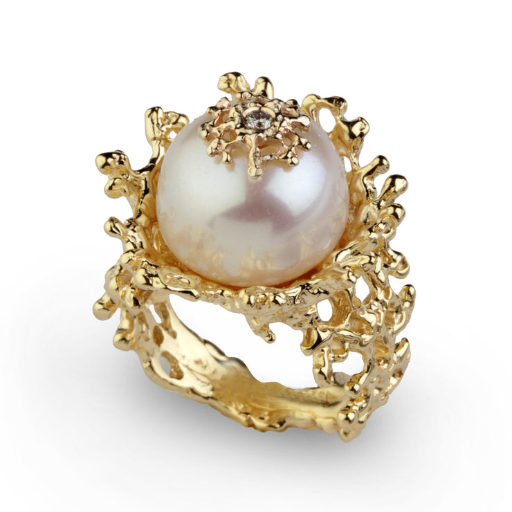 Coral Flower Pearl Diamond Gold Ring