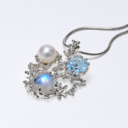 Coral Dream Blue Topaz, Moonstone, White Pearl Pendant Necklace