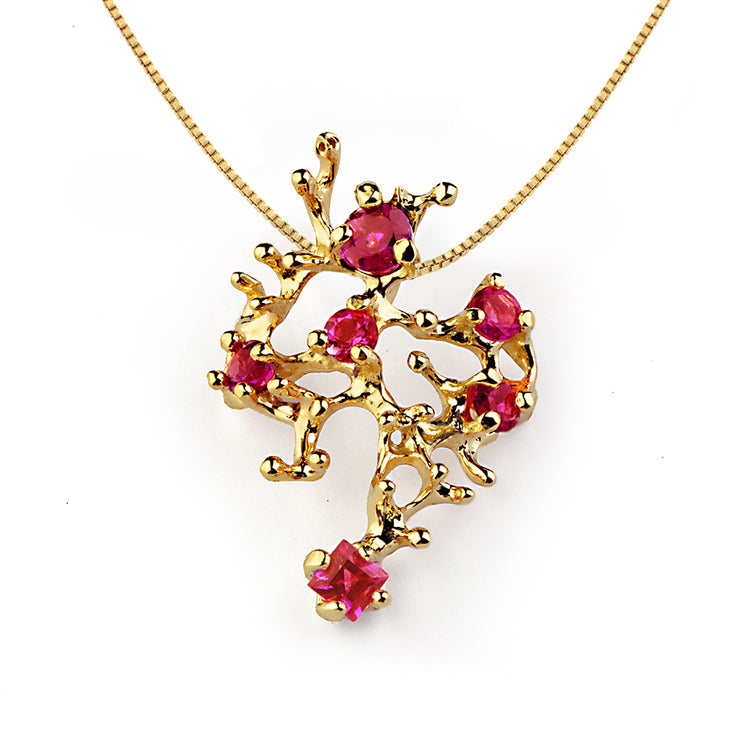 Coral Reef Ruby Gold Pendant Necklace