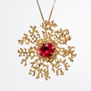 Coral Flower Ruby Gold Pendant Necklace