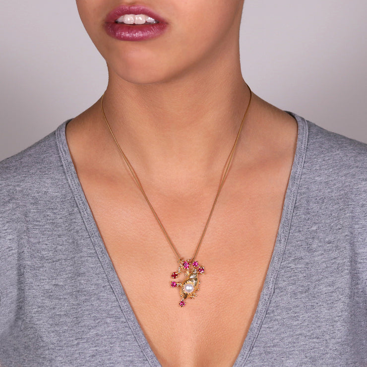 Coral Reef Sea Shell Ruby Pearl Gold Pendant Necklace