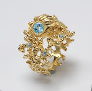 Coral Seashell Gold Swiss Blue Topaz Ring