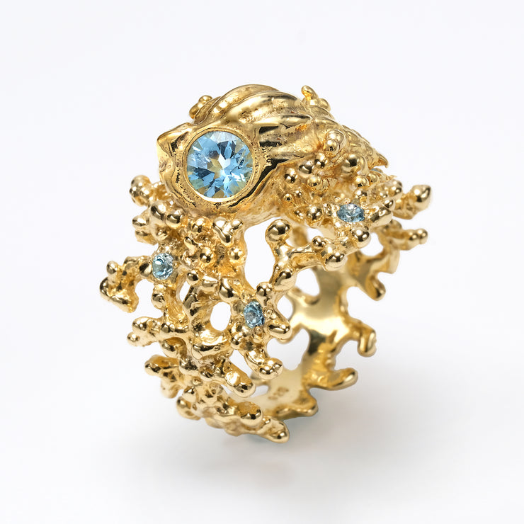 Coral Seashell Gold Swiss Blue Topaz Ring