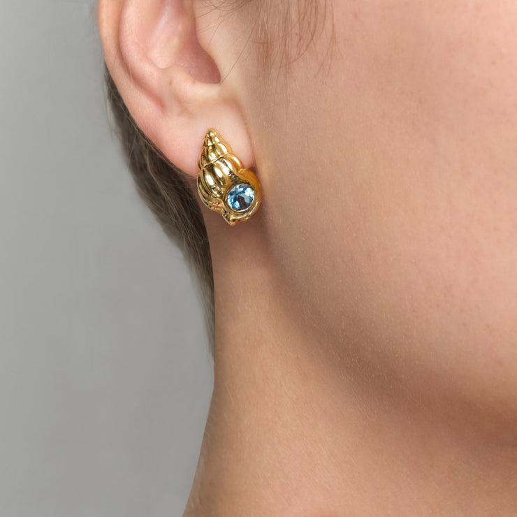 Seashell Shell Gold Blue Topaz Stud Earrings