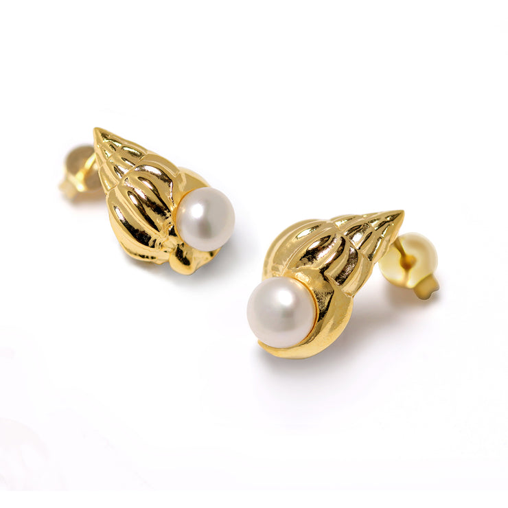 Seashell Pearl Gold Stud Earrings